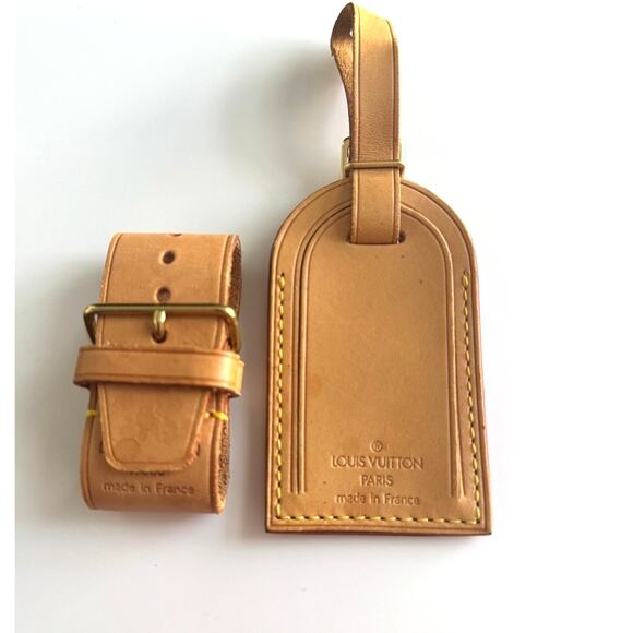 Authentic Louis Vuitton Vachetta Leather Name Luggage‎ Tag And Poignet Set SN401 - Picture 1 of 5